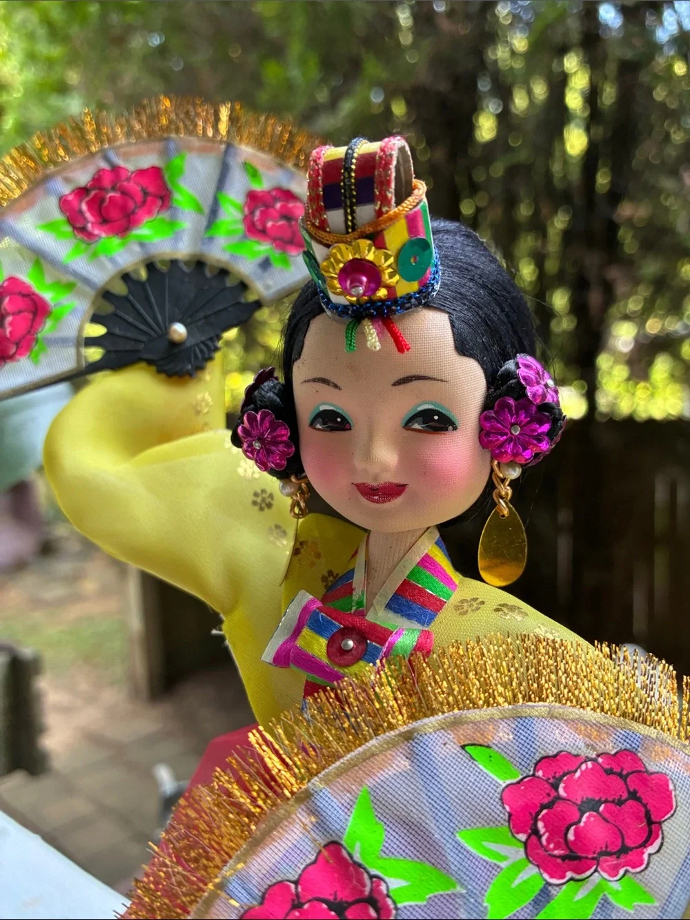 Traditional Korean Fan Dance Doll in Red and Yellow